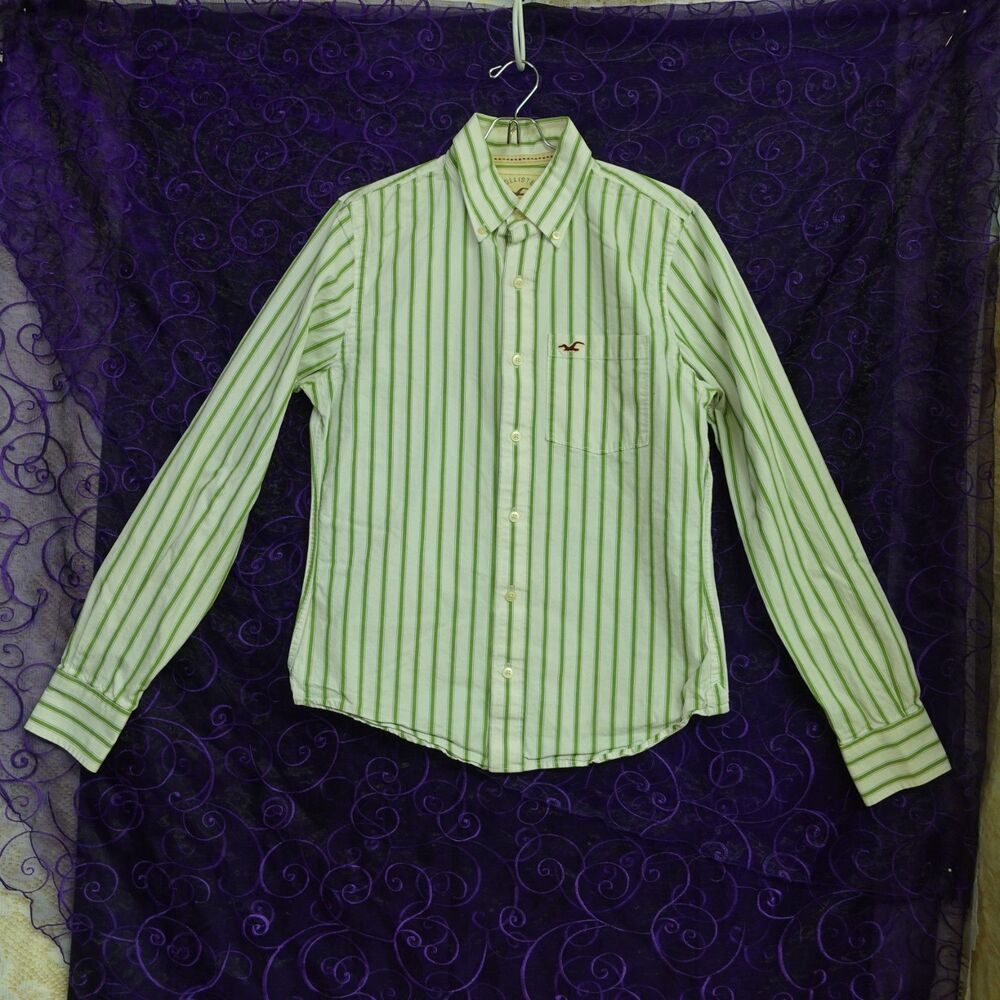 Hollister Mens Sz Small Y2K 100% Cotton Button Up Logo Green Stripes Preppy